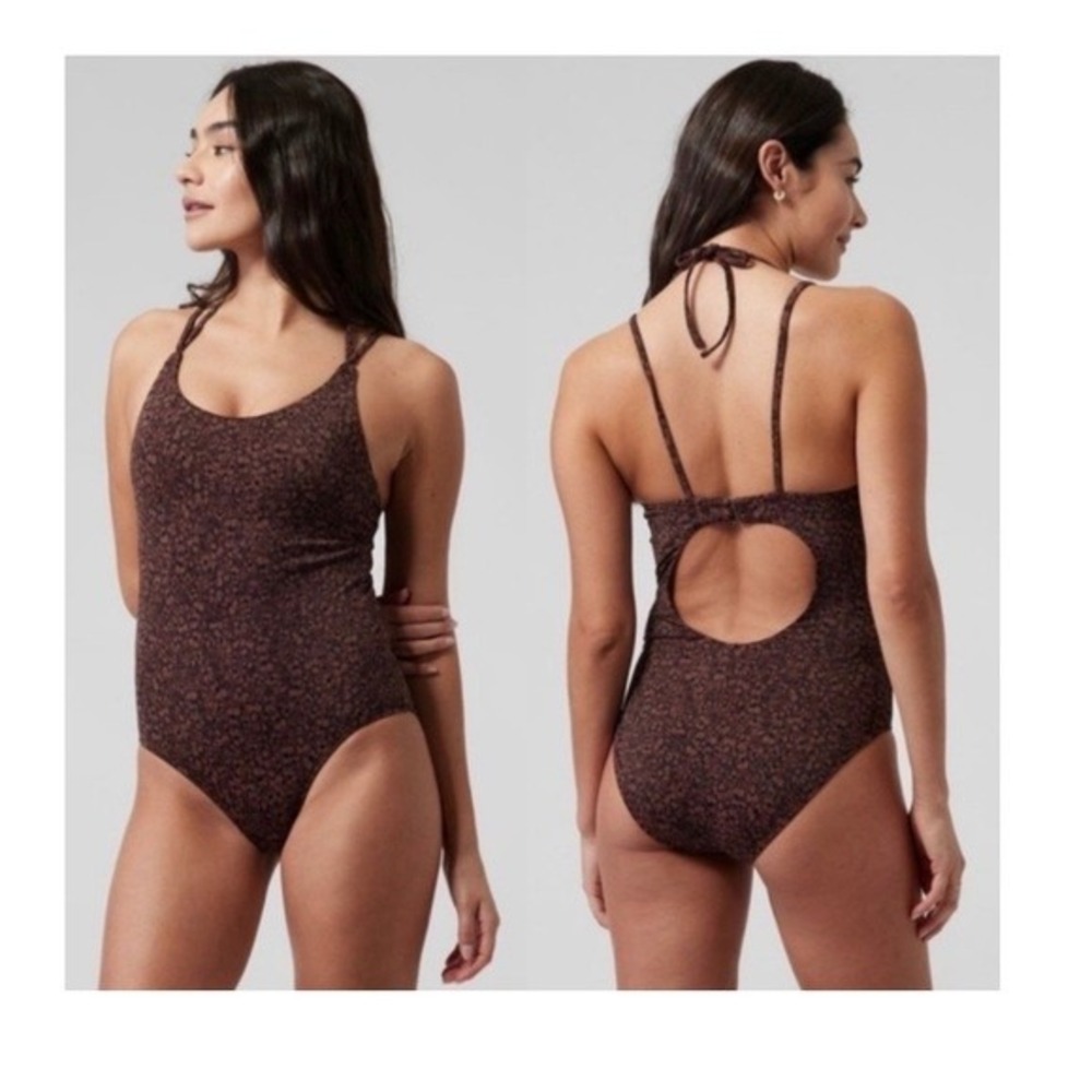 Athleta Keyhole One Piece Swimsuit Chocolate Abstract Halter Open Back XXS